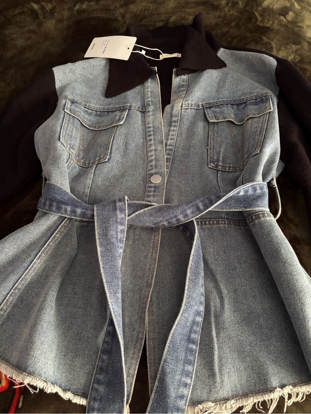 Denim Peplum Belted Jacket with Black Knit Sleeves - Picture 3 of 5